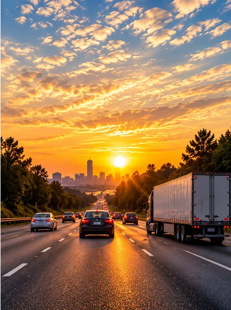Cars and a truck on a city highway at sunset