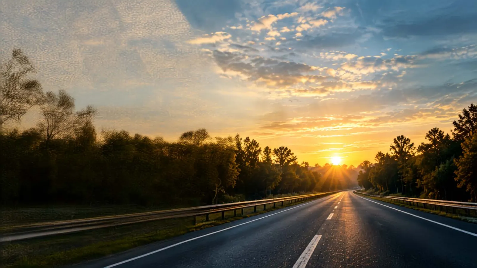 An open highway at sunrise lined with trees