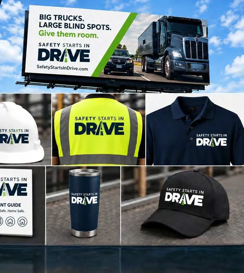 Campaign concepts: a billboard reading Big trucks. Large blind spots. Give them room., plus a branded hard hat, safety vest, polo, participant guide, tumbler and cap