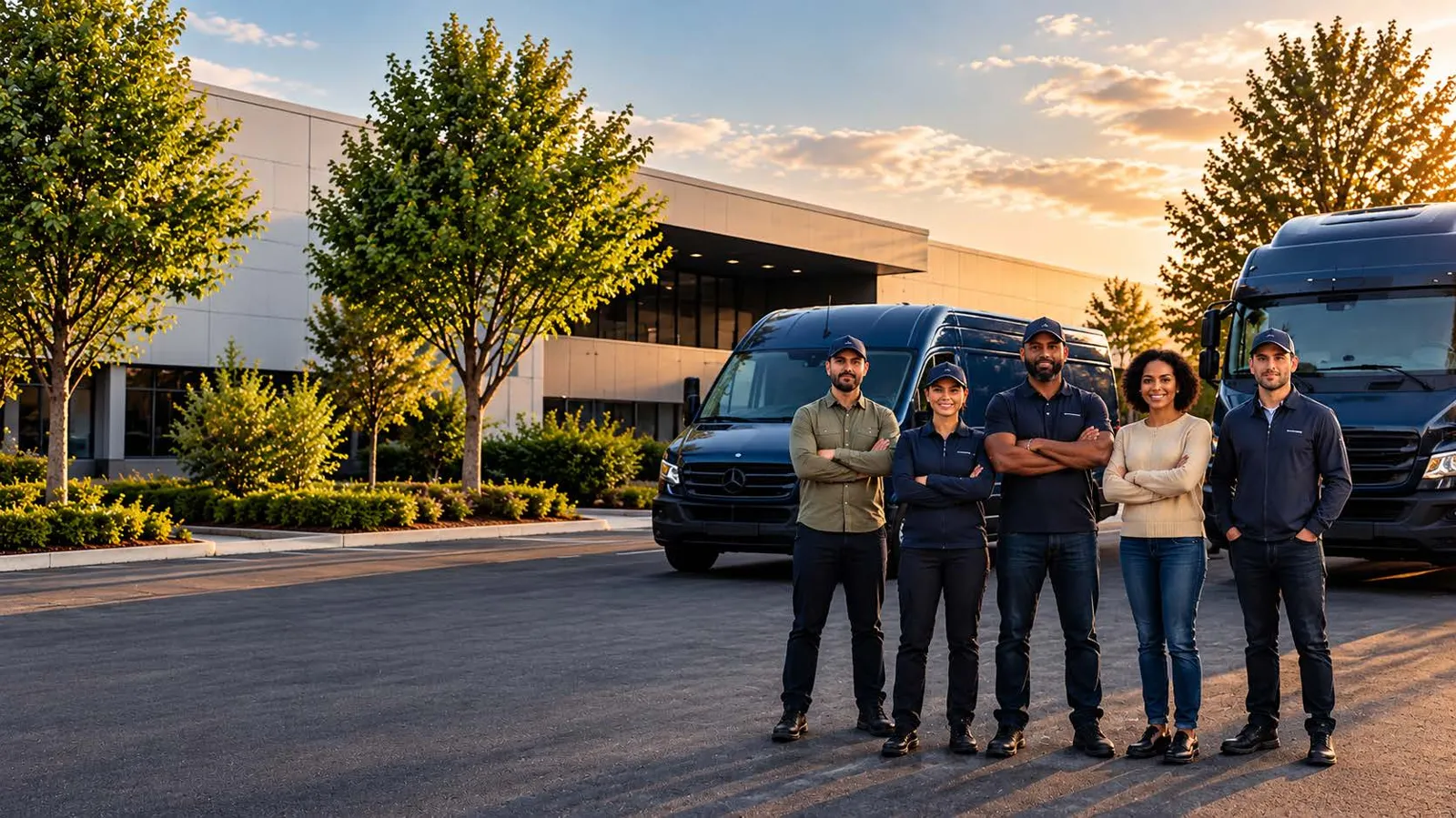 A team of five drivers standing in front of work vans and a truck at sunset